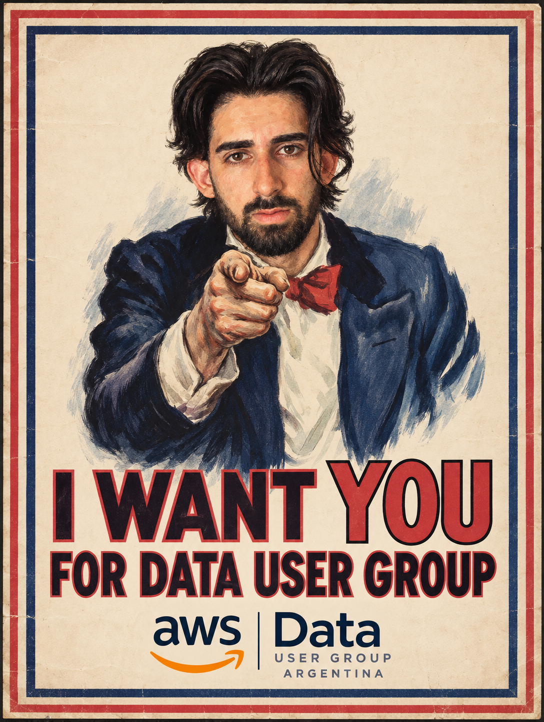 Afiche ilustrado con una persona señalando al frente y el texto I want you for Data User Group. AWS Data User Group Argentina.